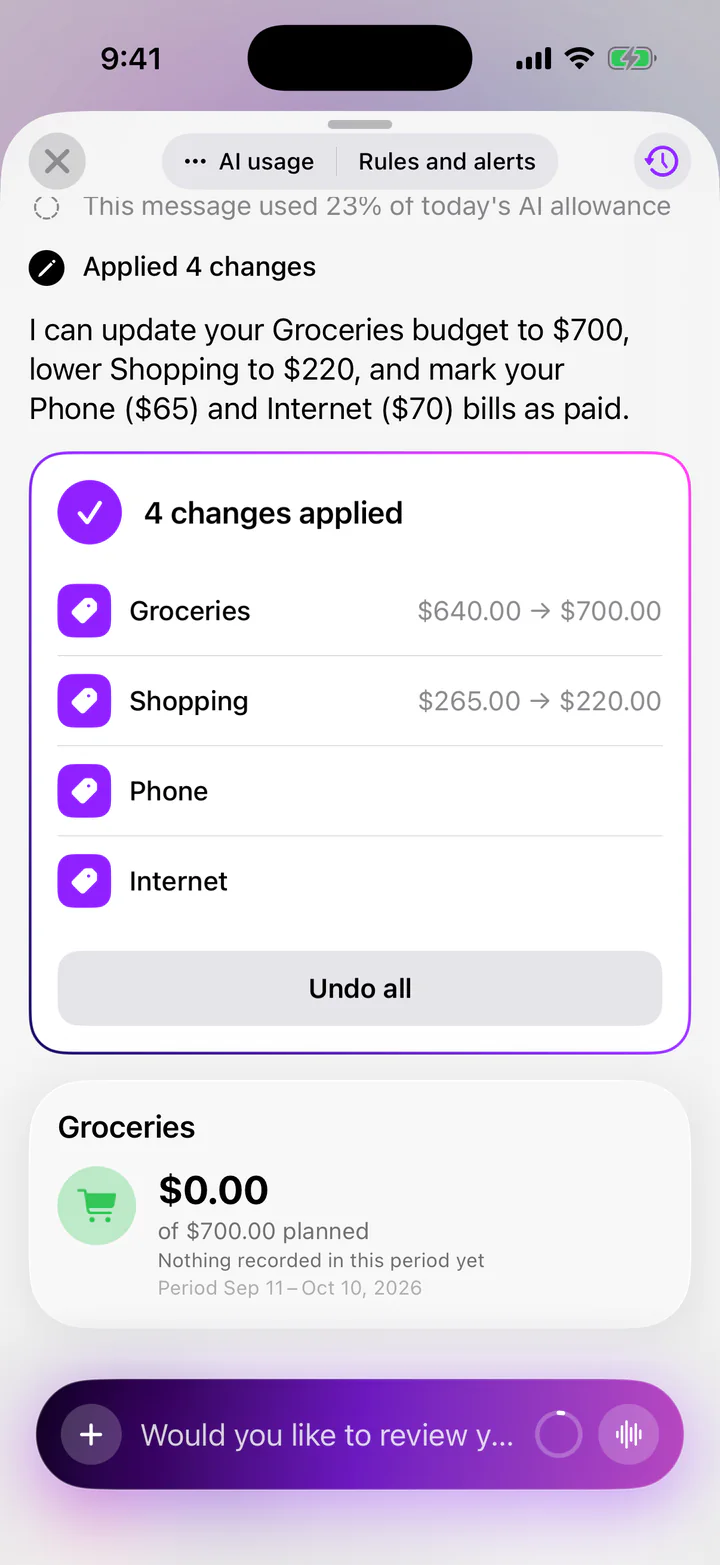 Monly assistant: “Applied 4 changes”: Groceries $640.00 → $700.00, Shopping $265.00 → $220.00, Phone and Internet, with an Undo all button. Below, the Groceries budget: $0.00 of $700.00 planned.