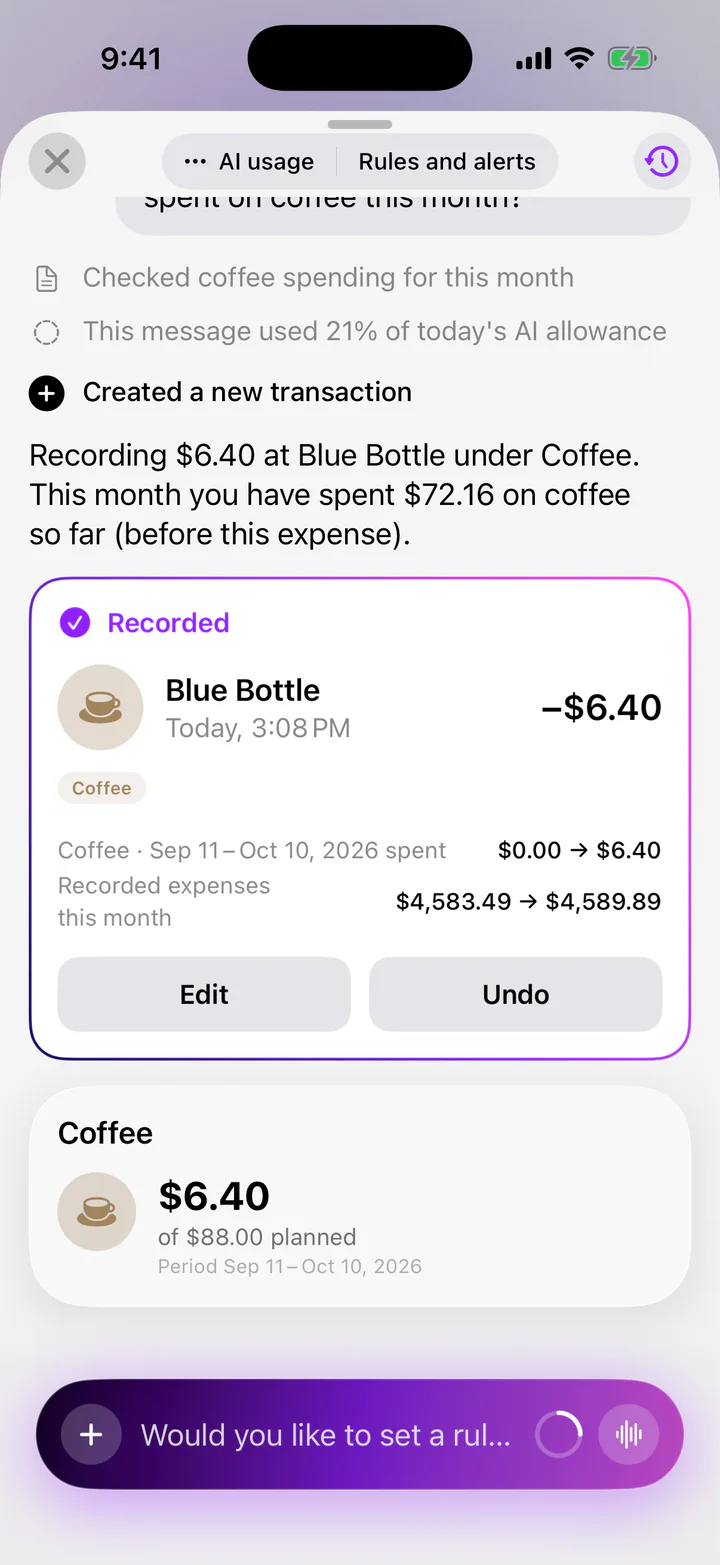 Monly assistant: a “Recorded” card for Blue Bottle, −$6.40 today at 8:58 PM, filed under Coffee; Coffee spending for Sep 11 to Oct 10 goes from $0.00 to $6.40, with Edit and Undo. Below, the Coffee budget: $6.40 of $88.00 planned.