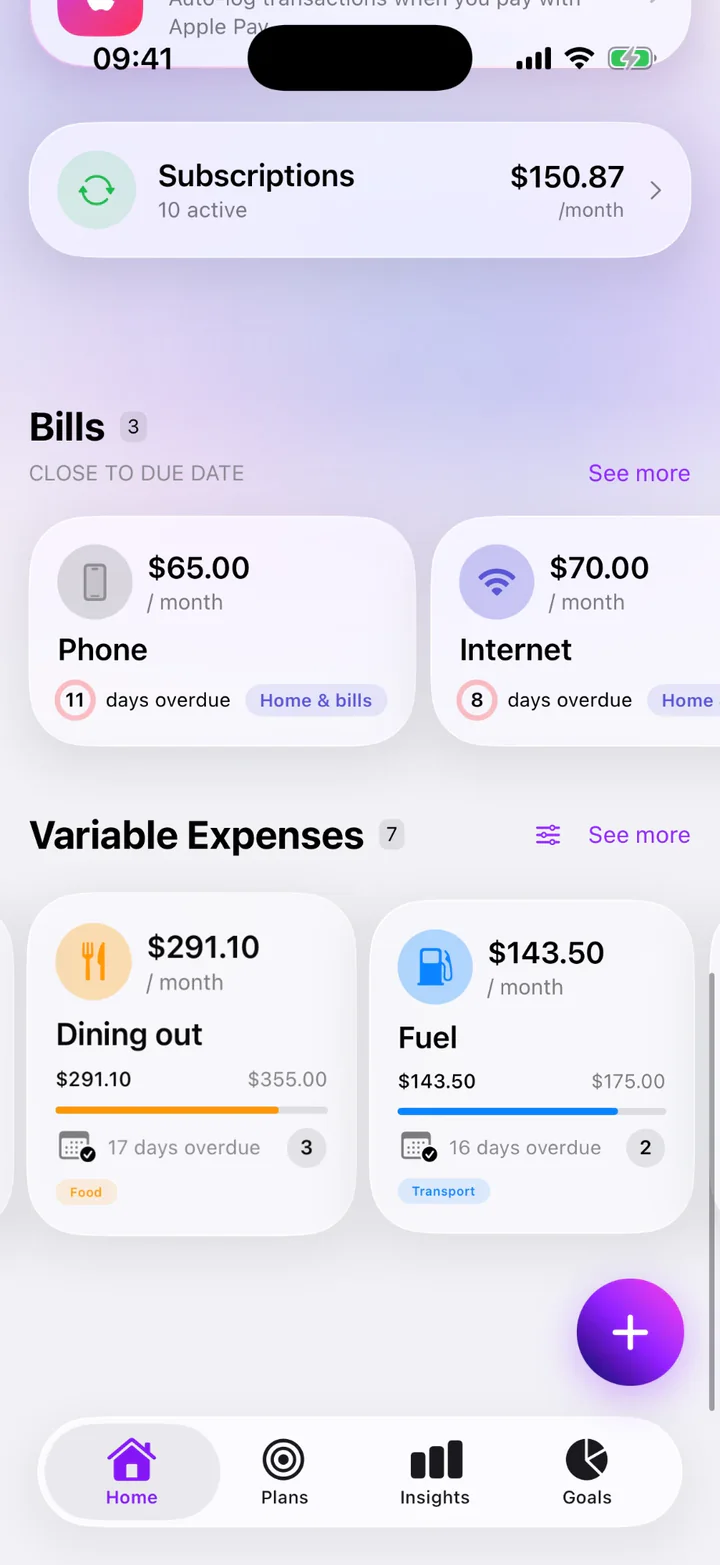 Monly Home, scrolled down: Subscriptions, 10 active, $150.87 a month; Bills close to due date, with Phone $65.00, 11 days overdue, and Internet $70.00, 8 days overdue; and Variable Expenses, with Dining out $291.10 of $355.00 and Fuel $143.50 of $175.00.