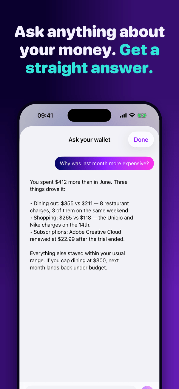 Monly ask screen answering a question about the user’s own spending